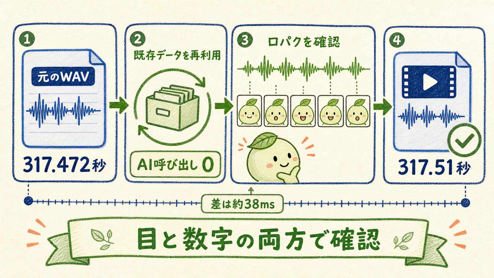 既存WAVを再利用し新規AI呼び出し0件で検証。元317.472秒→修正後317.51秒、差は約38ミリ秒