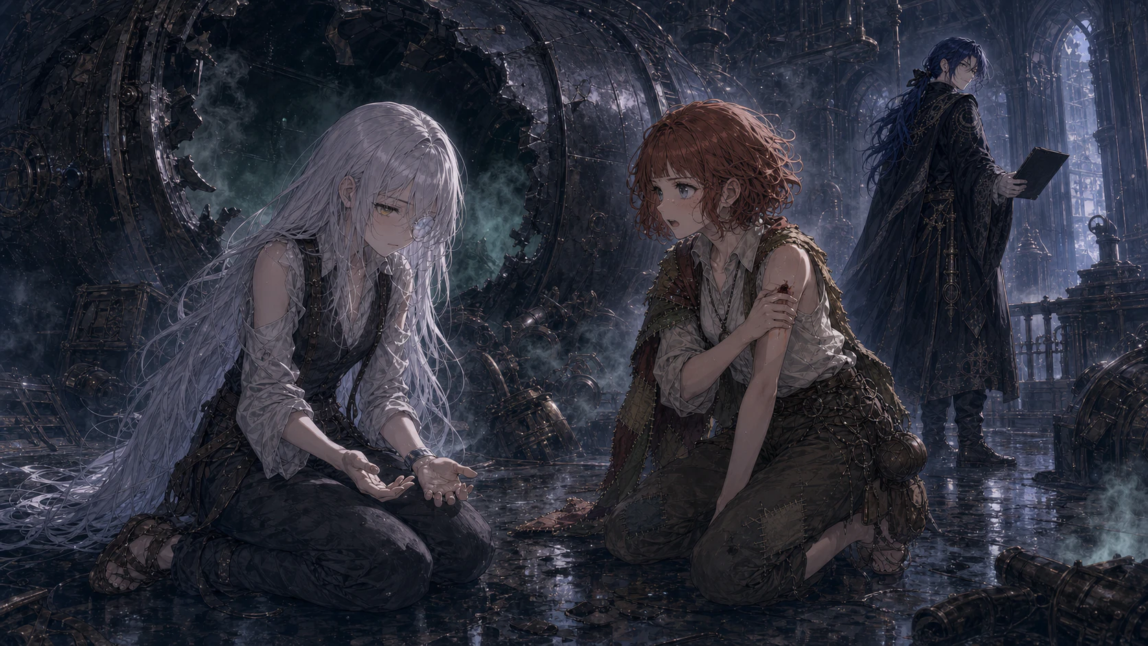 蒸気が晴れた実験室で、セルが床に膝をつき呆然と自分の手を見つめている。フィオナは腕の傷を押さえながら確かな意志を持った表情でセルを見ている