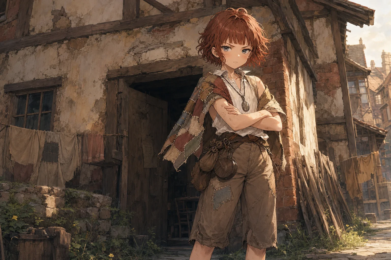 フィオナ・ベルクの単体イラスト。赤茶色の短髪、腕組みで少し怒ったような表情、孤児院前