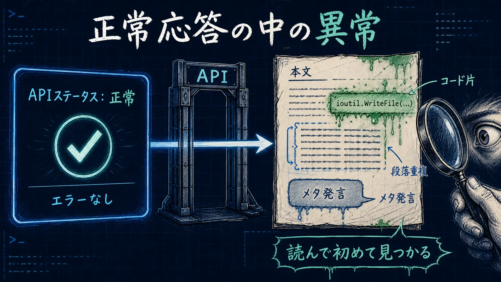 APIステータスは正常なのに、本文にコード片・段落重複・メタ発言が混入している様子