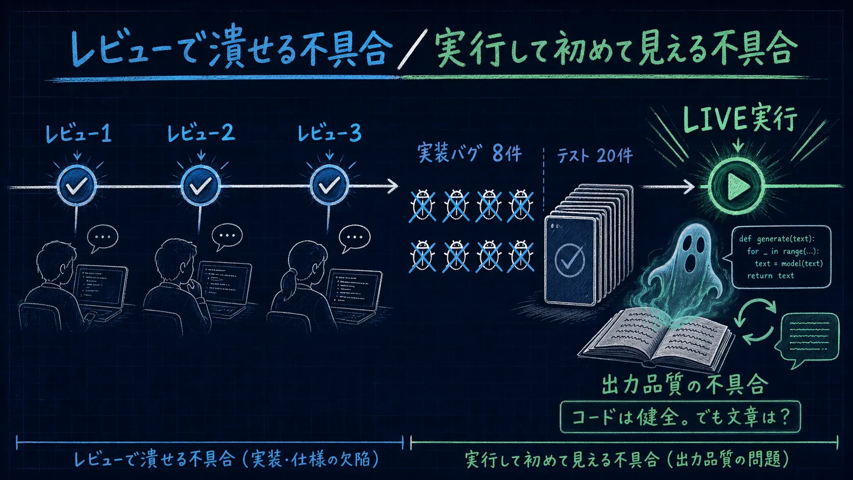 レビューで潰せる不具合と、実行して初めて見える不具合の対比。8件のバグと20件のテスト