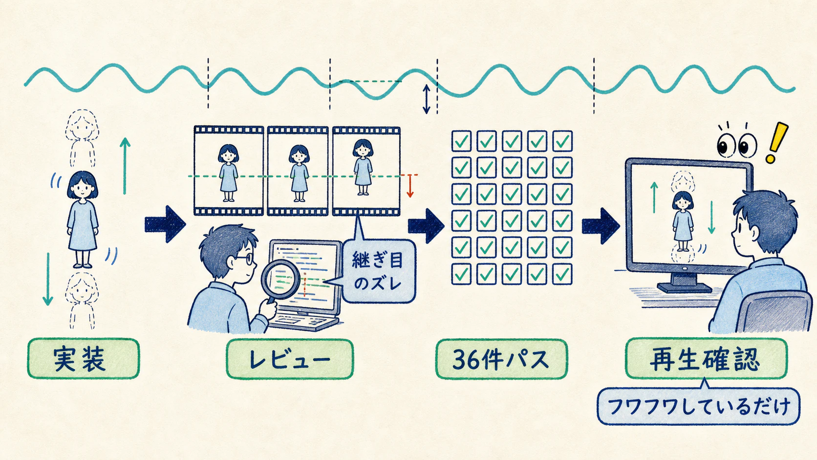 実装→レビューで継ぎ目のズレを検出→テスト36件パス→それでも再生すると「フワフワしているだけ」と気づく