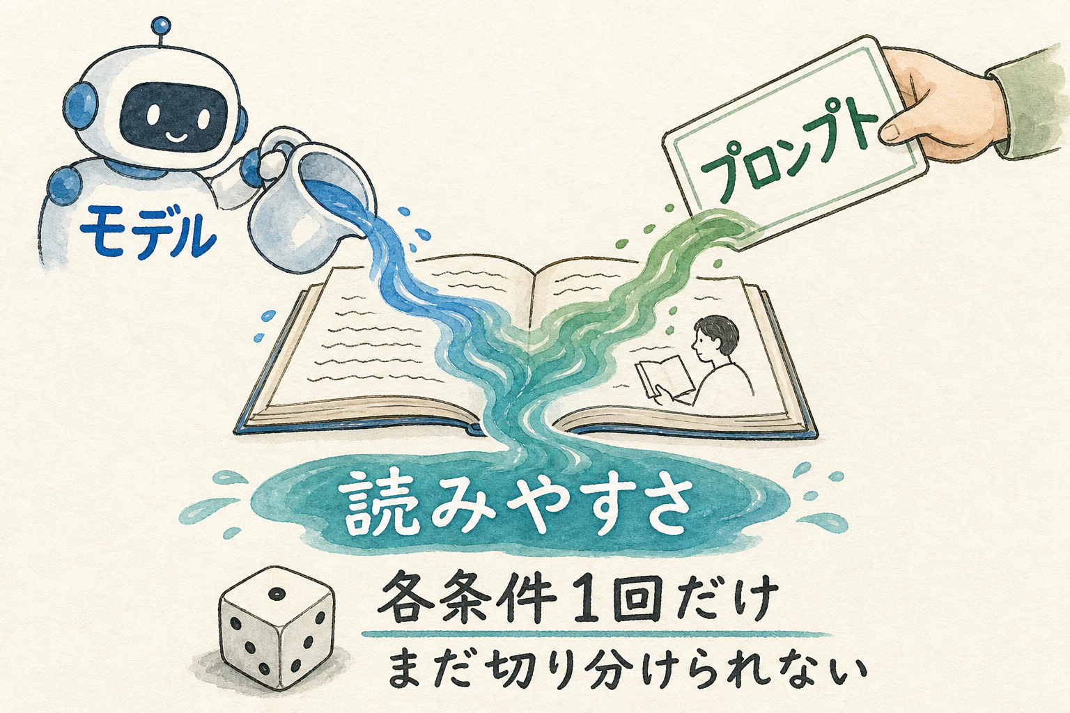 モデルとプロンプトの両方が読みやすさに関係しうる、という主図。各条件1回だけの比較でまだ切り分けられないことを示す