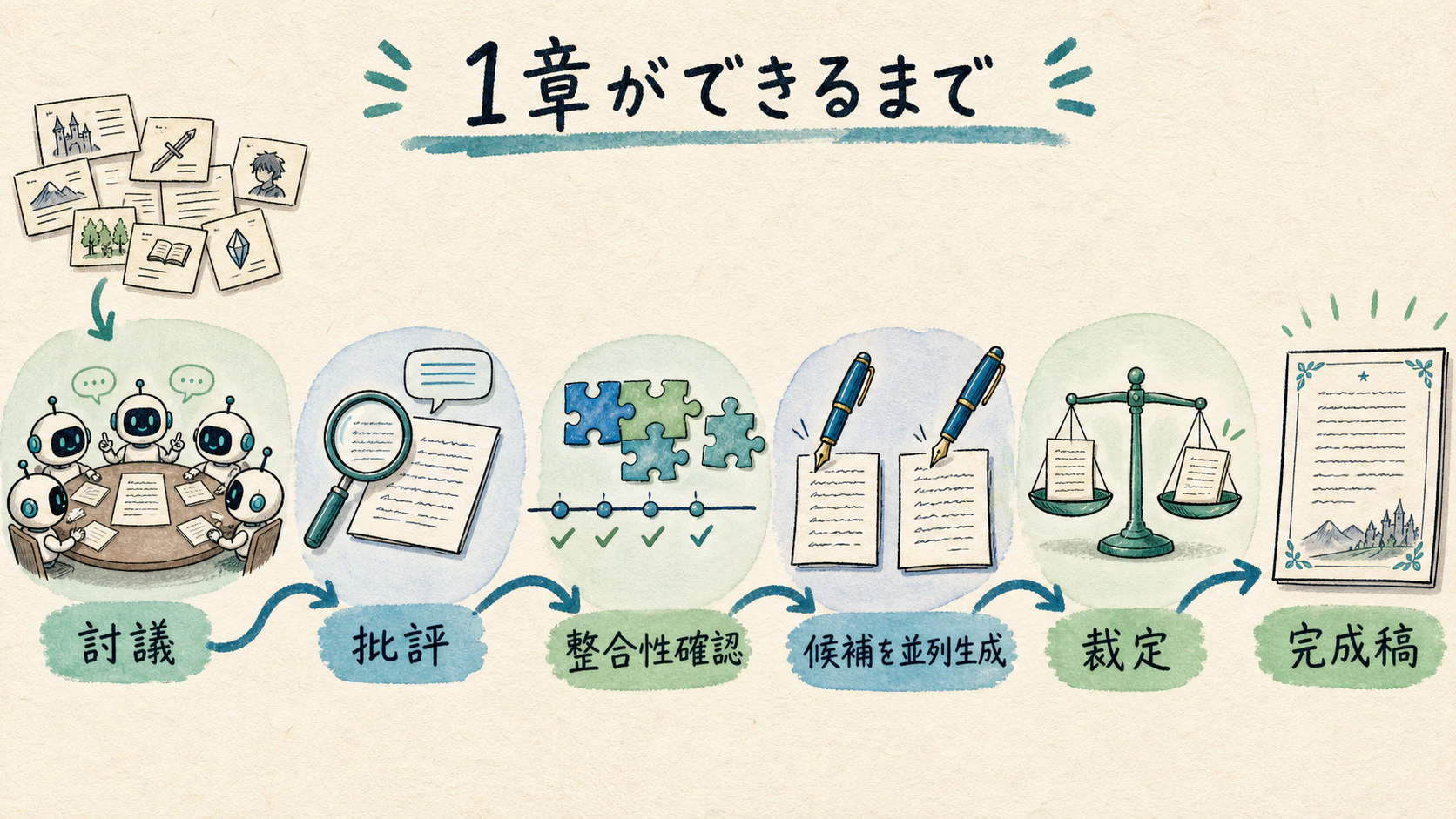 討議から裁定まで、1章を生成する5段階のAIパイプライン(討議→批評→整合性確認→候補を並列生成→裁定→完成稿)
