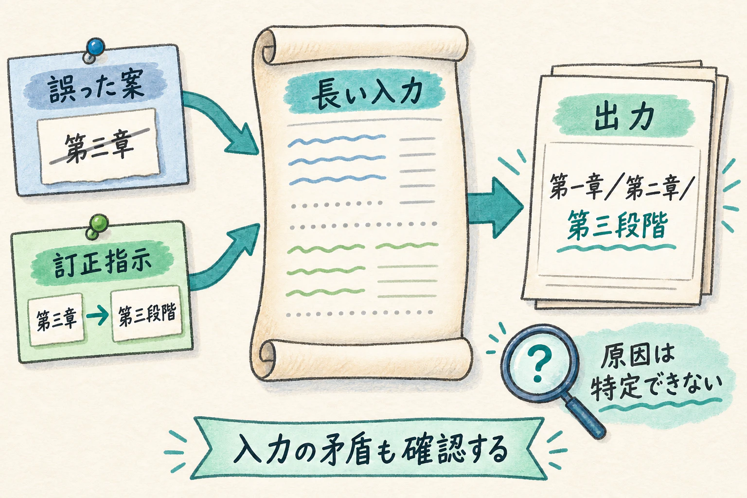 「第三章」という誤った案と、それを「第三段階」へ訂正する指示が同じ入力に混在し、出力が「第一章/第二章/第三段階」という形になった図。原因は特定できない