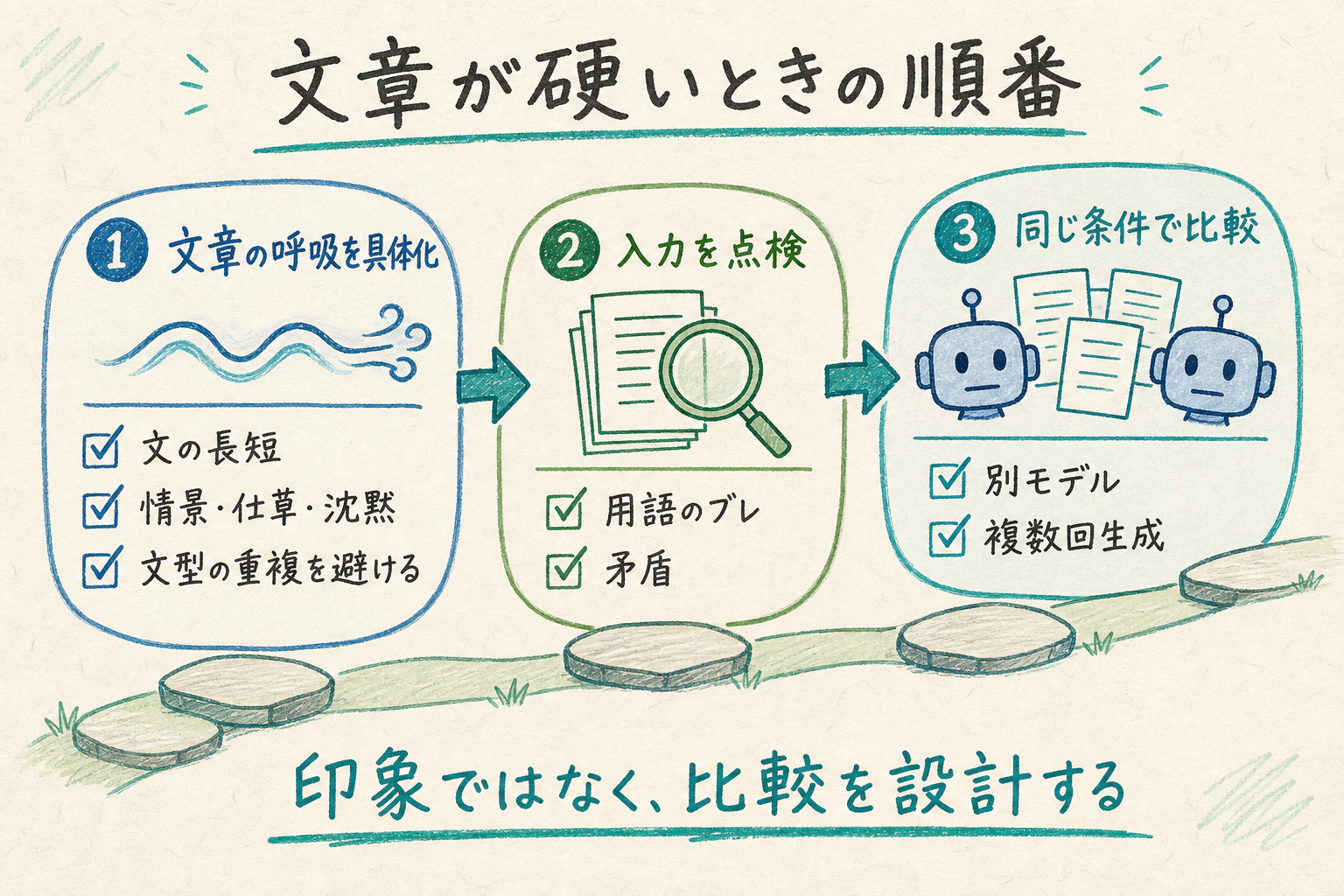 文章が硬いときの確認順序: 1.文章の呼吸を具体化 2.入力を点検 3.同じ条件で比較。印象ではなく比較を設計する、という図