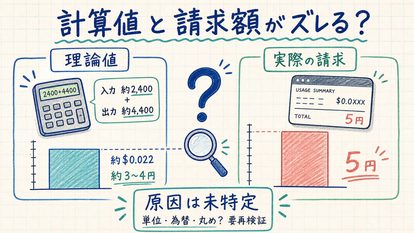 理論値(約2,400+4,400トークン→約$0.022、約3〜4円)と実際の請求額(5円)がズレた。原因は単位・為替・丸めのいずれかは未特定のまま、要再検証