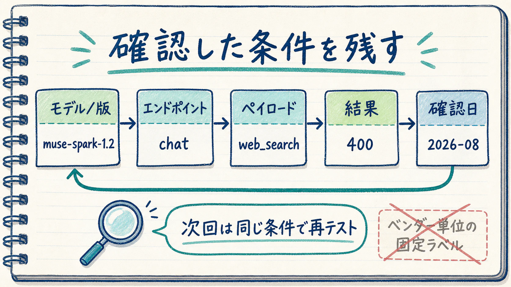 モデル/版・エンドポイント・ペイロード・結果・確認日の5項目を記録し、ベンダー単位の固定ラベルに頼らず次回は同じ条件で再テストする