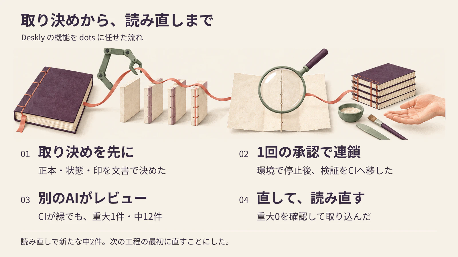 取り決めを先に書く、1回の承認で連鎖させる、別のAIがレビューする、直して読み直して取り込むという4手順