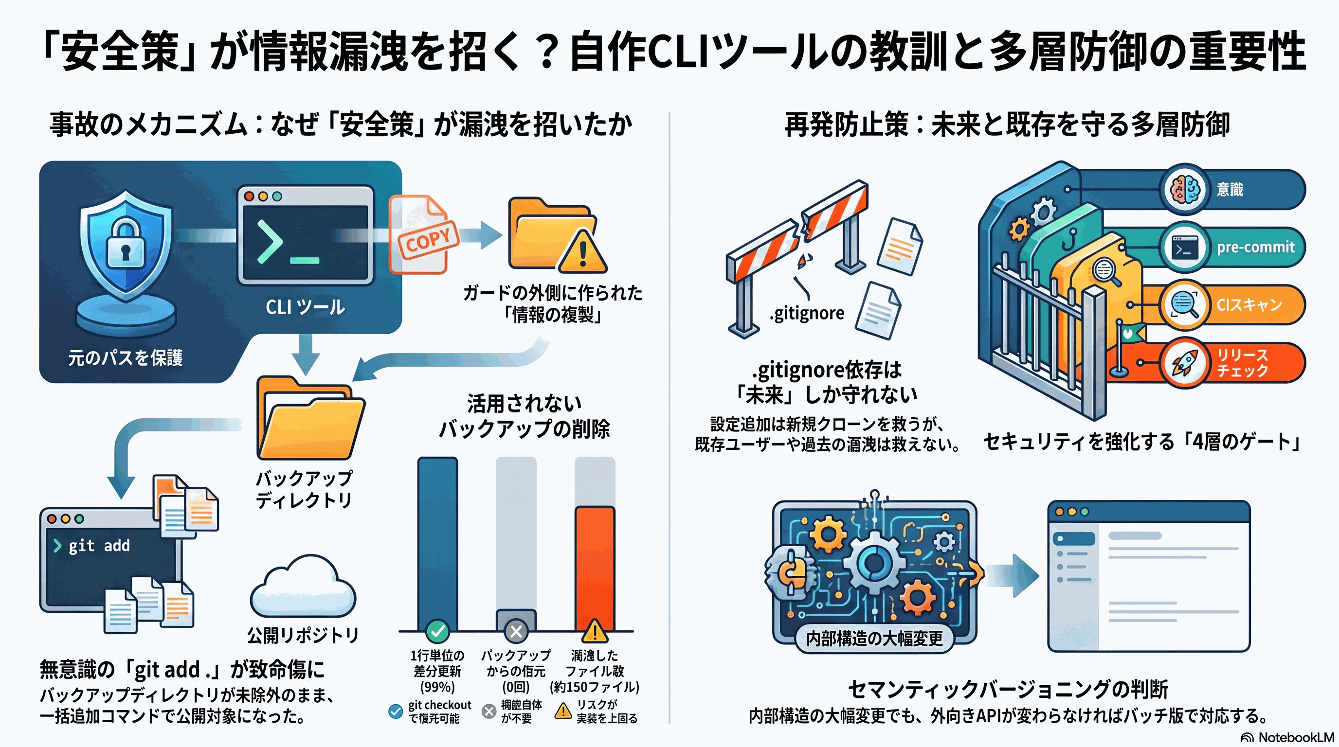 安全策による漏洩と多層防御のインフォグラフィック