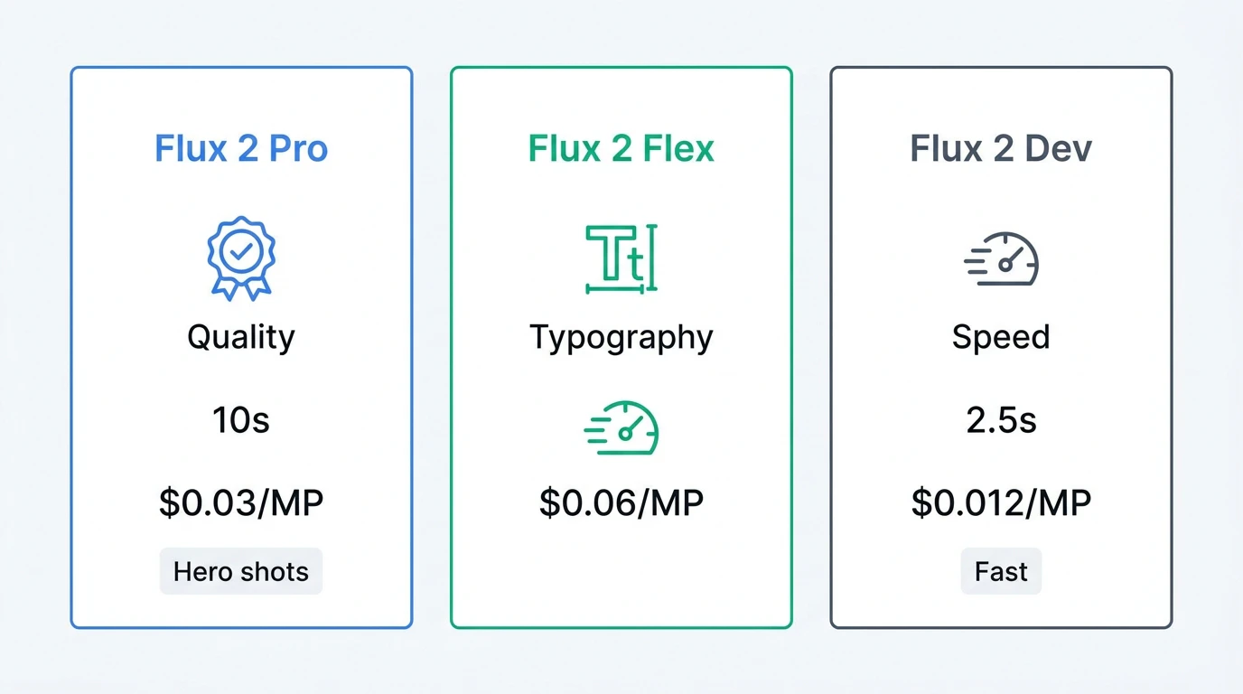 Flux 2バリアント比較: Pro/Flex/Devの用途・速度・料金を3列で比較