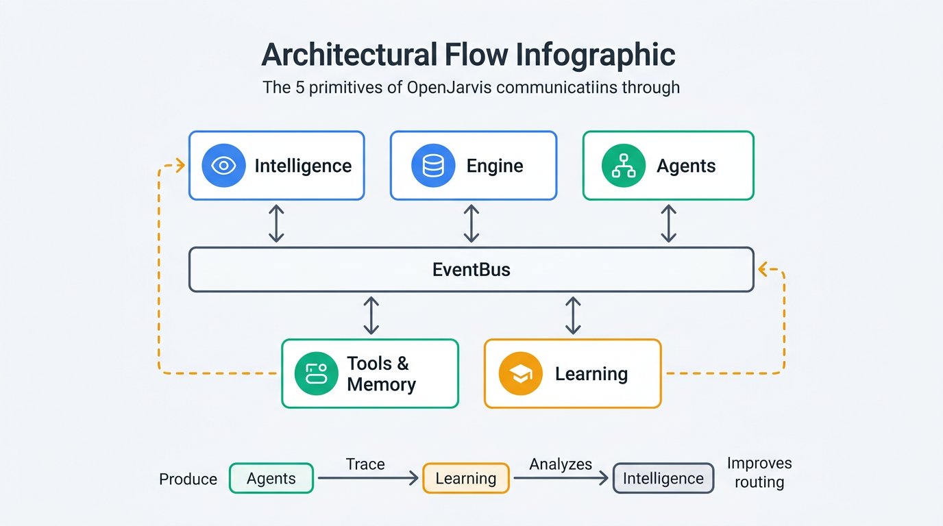 OpenJarvisの5プリミティブとEventBusによる通信フロー