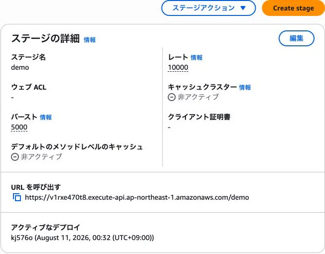 demoステージの呼び出しURLとアクティブなデプロイを示すAPI Gateway画面