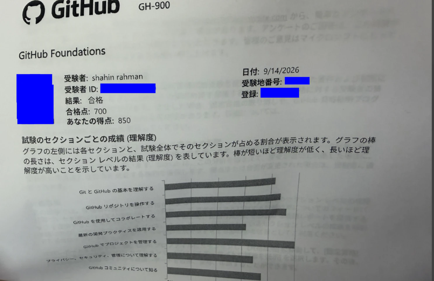 試験結果スコアレポート(得点:850 / 合格点:700)