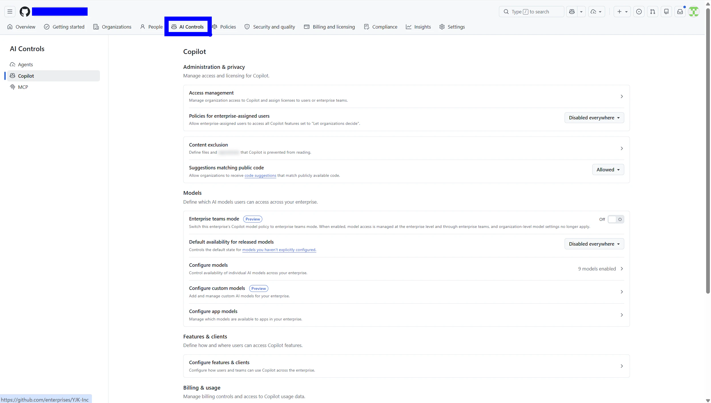 Enterprise の AI Controls > Copilot 画面。左下にhttps://github.com/enterprises/YJK-Incと表示されており、Organization設定ではなくEnterprise設定であることがわかる