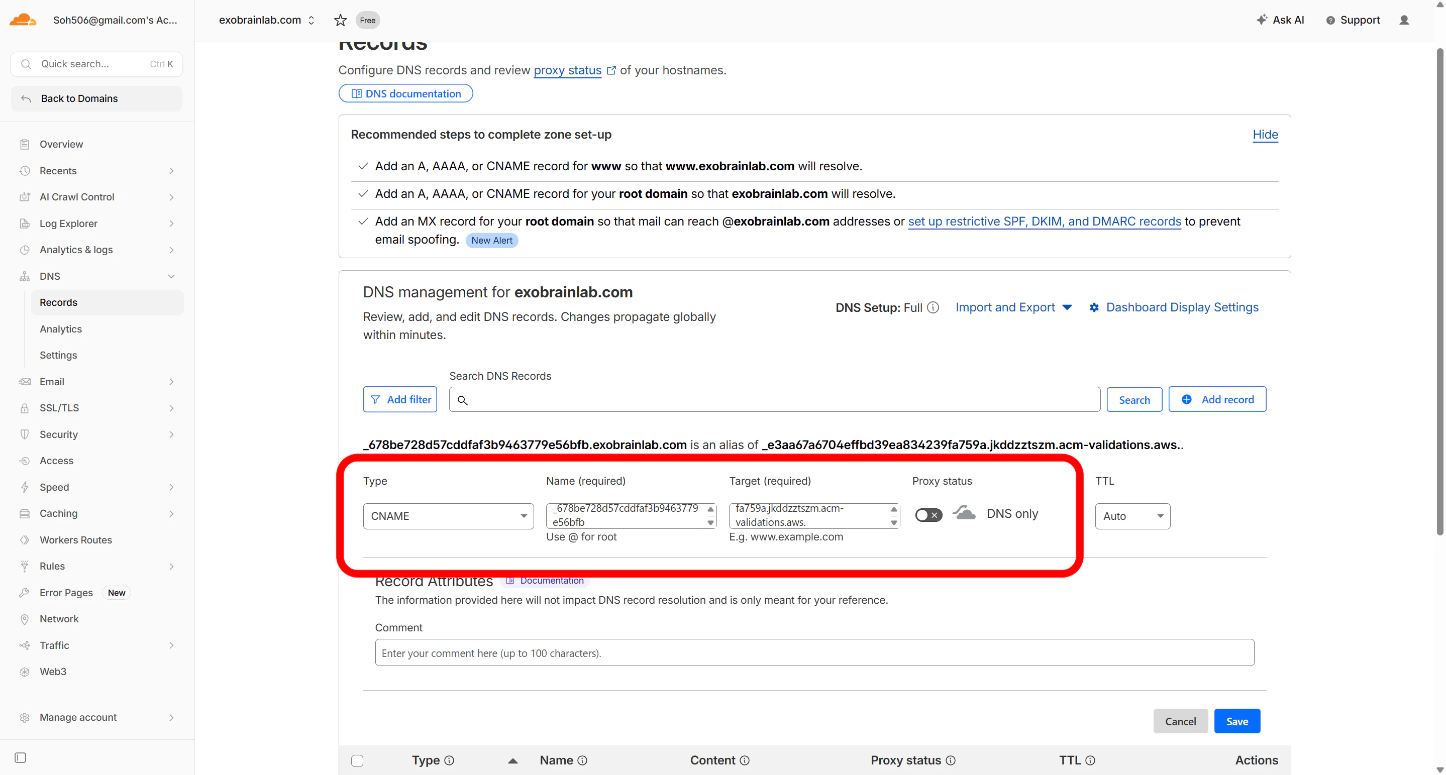 CloudflareのCNAME追加