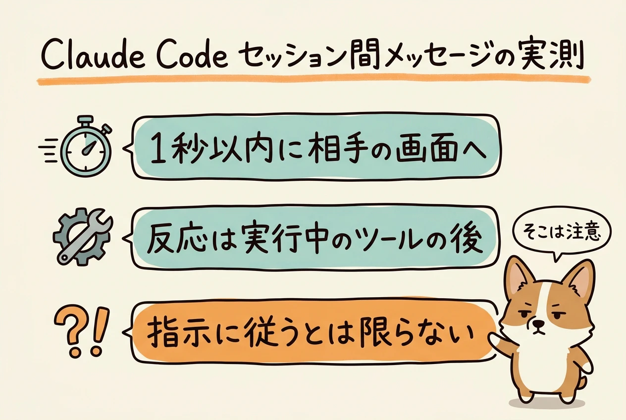 実測の結論3点。1秒以内に相手の画面へ、反応は実行中のツールの後、指示に従うとは限らない