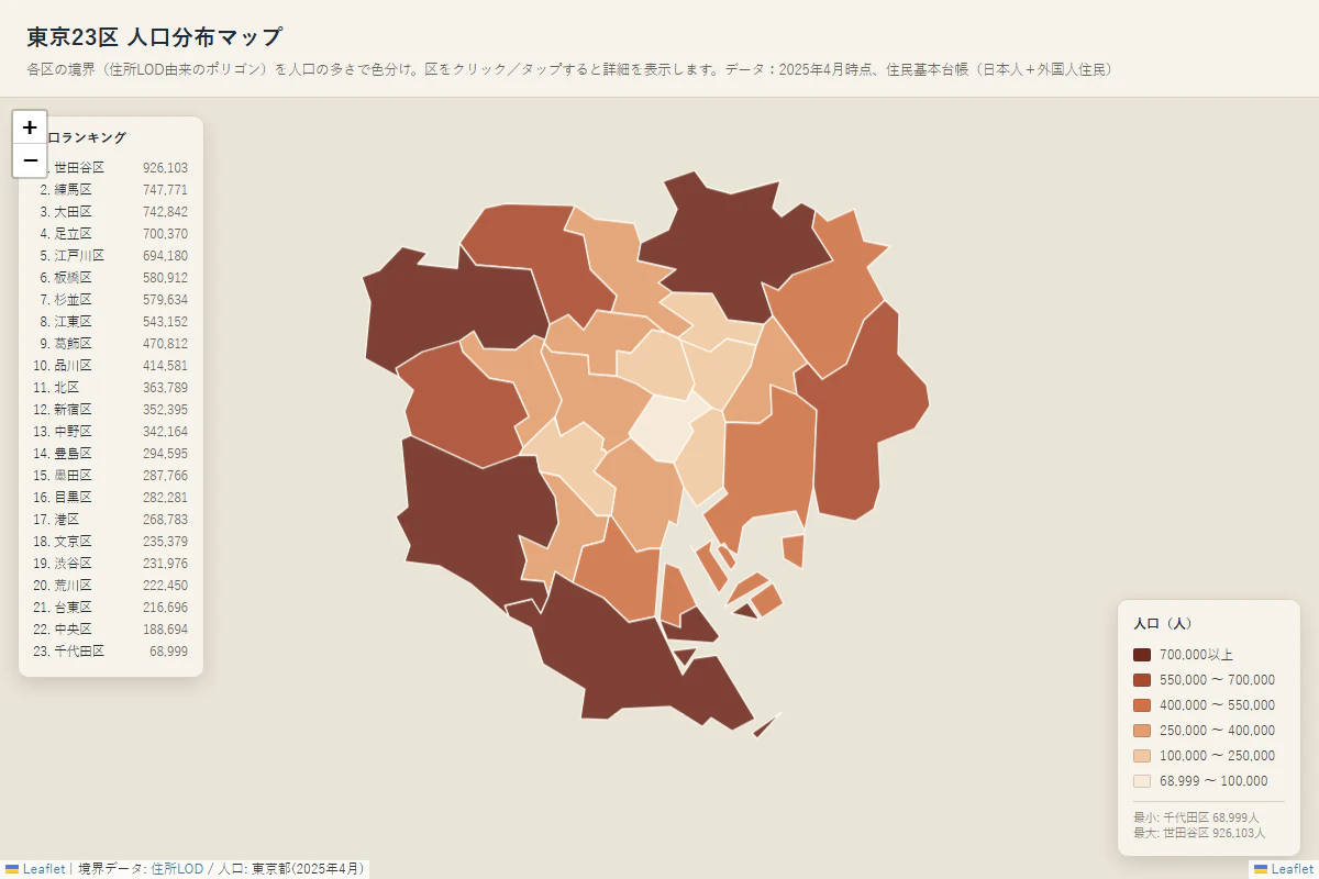 東京23区の人口を色分けしたコロプレス図(Leaflet)