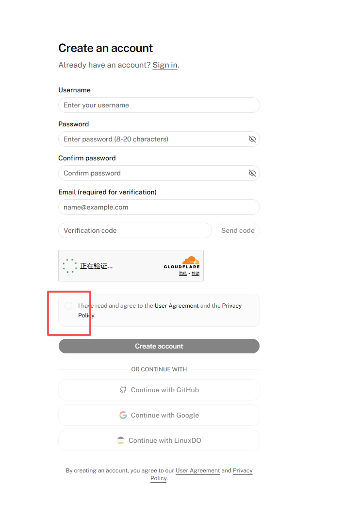 登録フォーム:同意チェックを入れるとボタンが有効化/GitHub・Google・LinuxDO も可