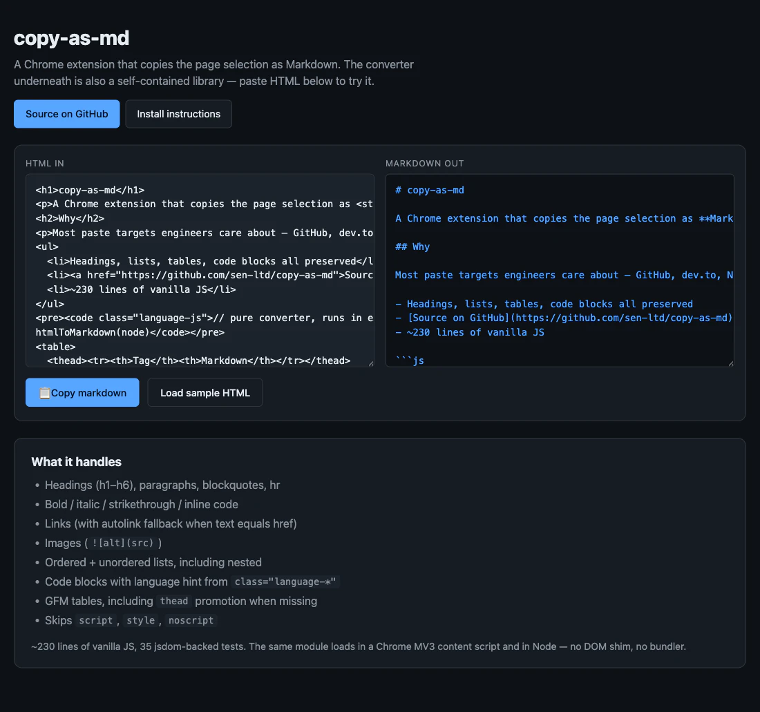 copy-as-md のホスト版 playground。左に HTML を貼ると右に GFM が即時生成される。下半分には対応する HTML タグの一覧。