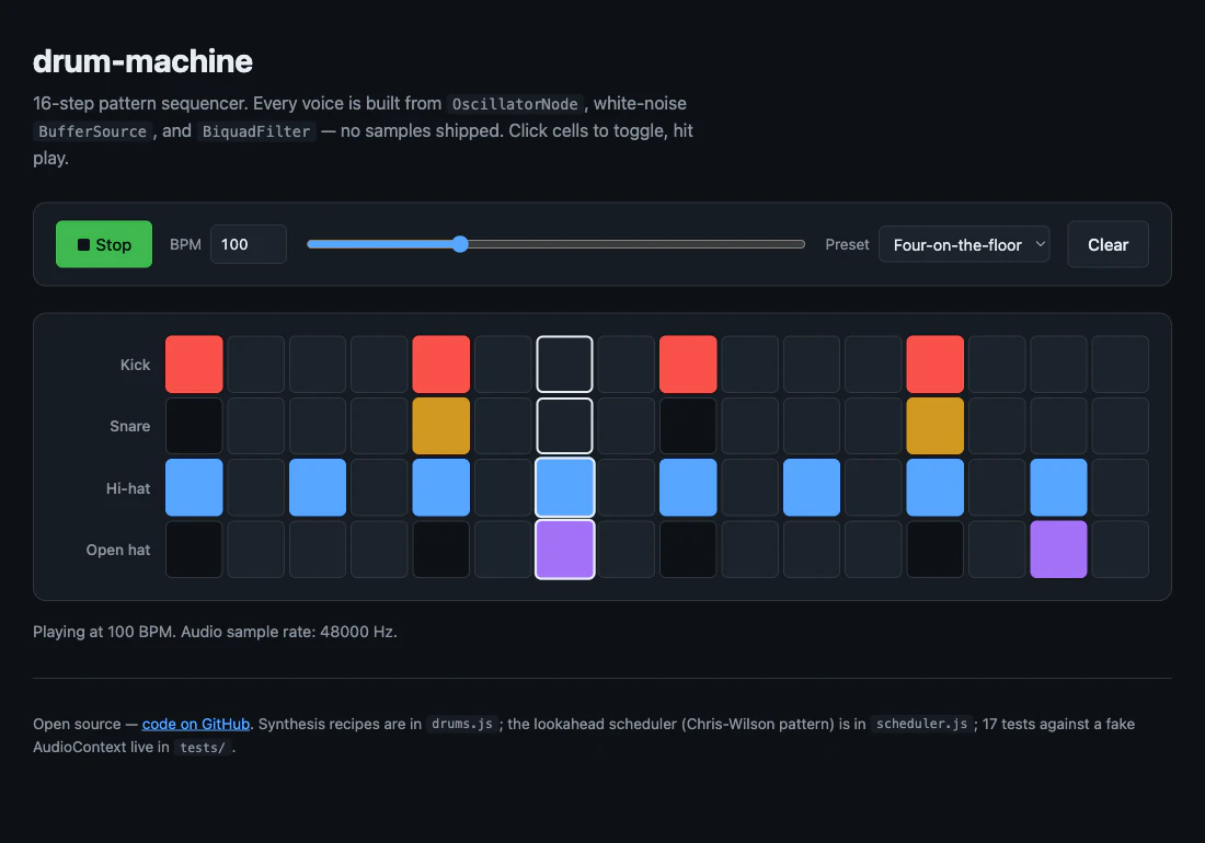 drum-machine の UI。Four-on-the-floor プリセットが選ばれていて、Kick が 1/5/9/13、Snare が 5/13、Hi-hat が偶数ステップ、Open hat が 7/15 に配置されている。中央の step 7 にプレイヘッドのアウトラインが乗っている。ダークテーマ。
