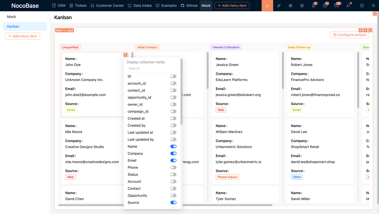 Kanban's display data can also be chosen arbitrarily