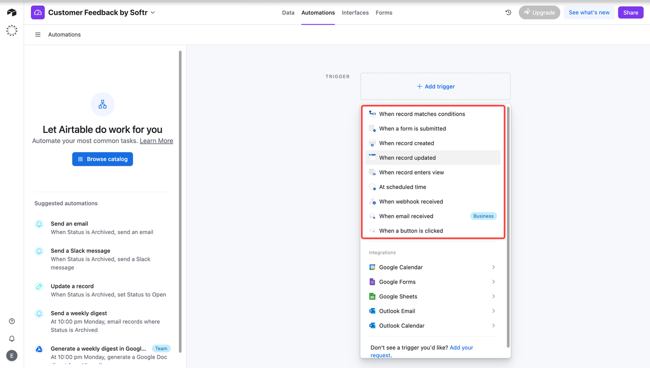 Airtable currently has 9 default trigger conditions