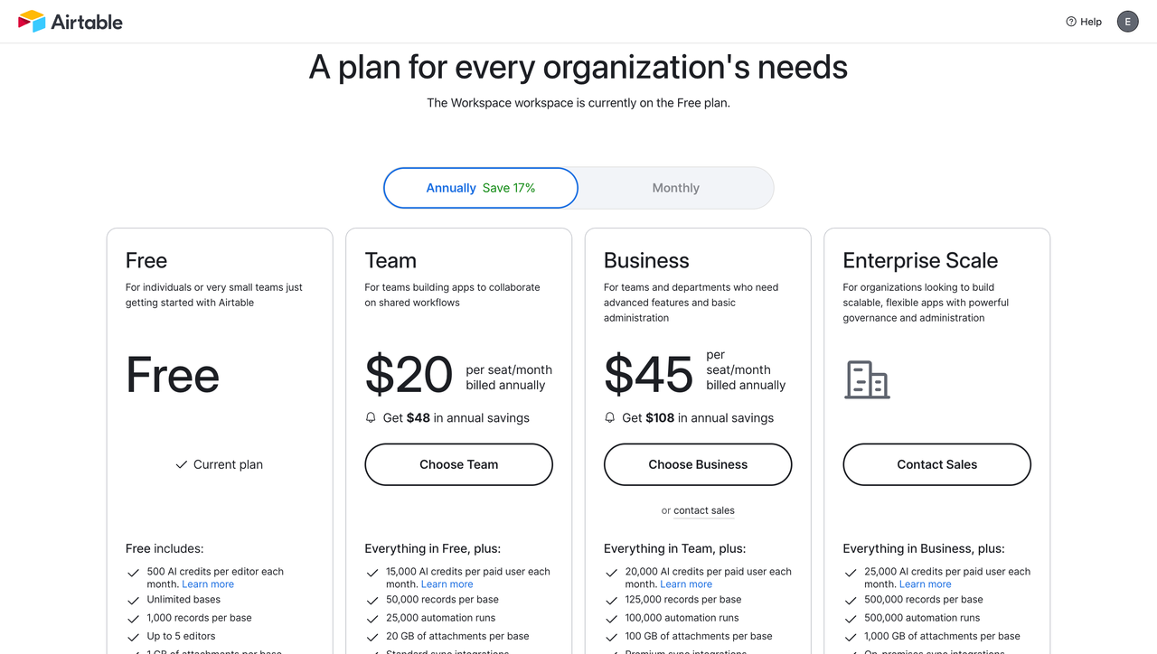 Airtable pricing