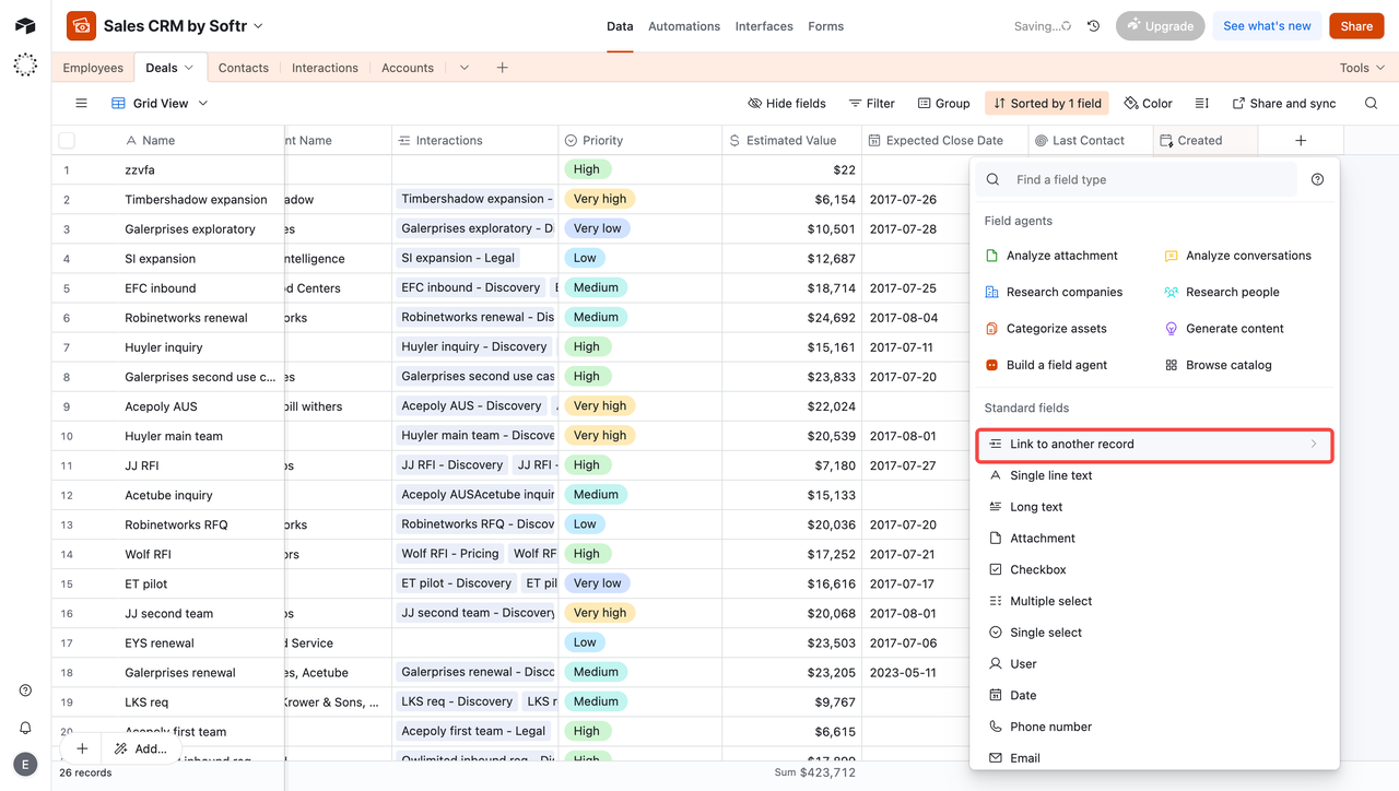 To add a Linked Record field in Airtable