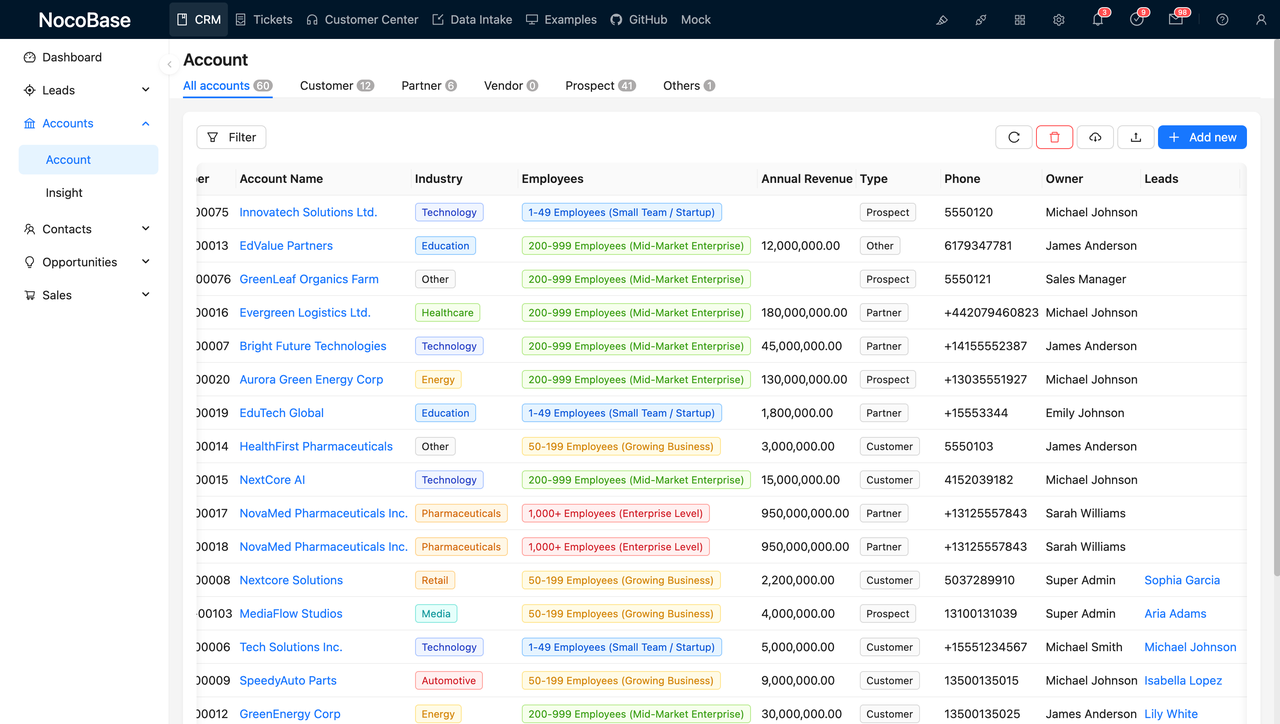 Account view includes multiple relationship fields