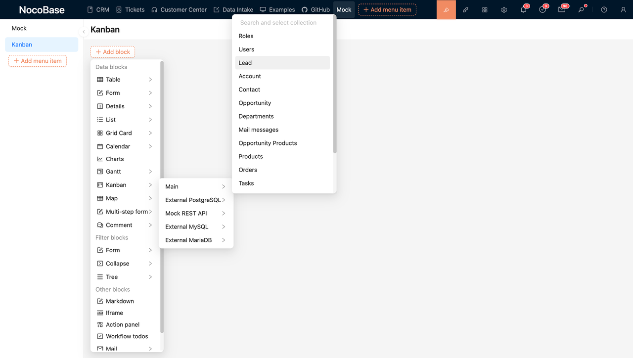 Select the data table you want to display as a Kanban