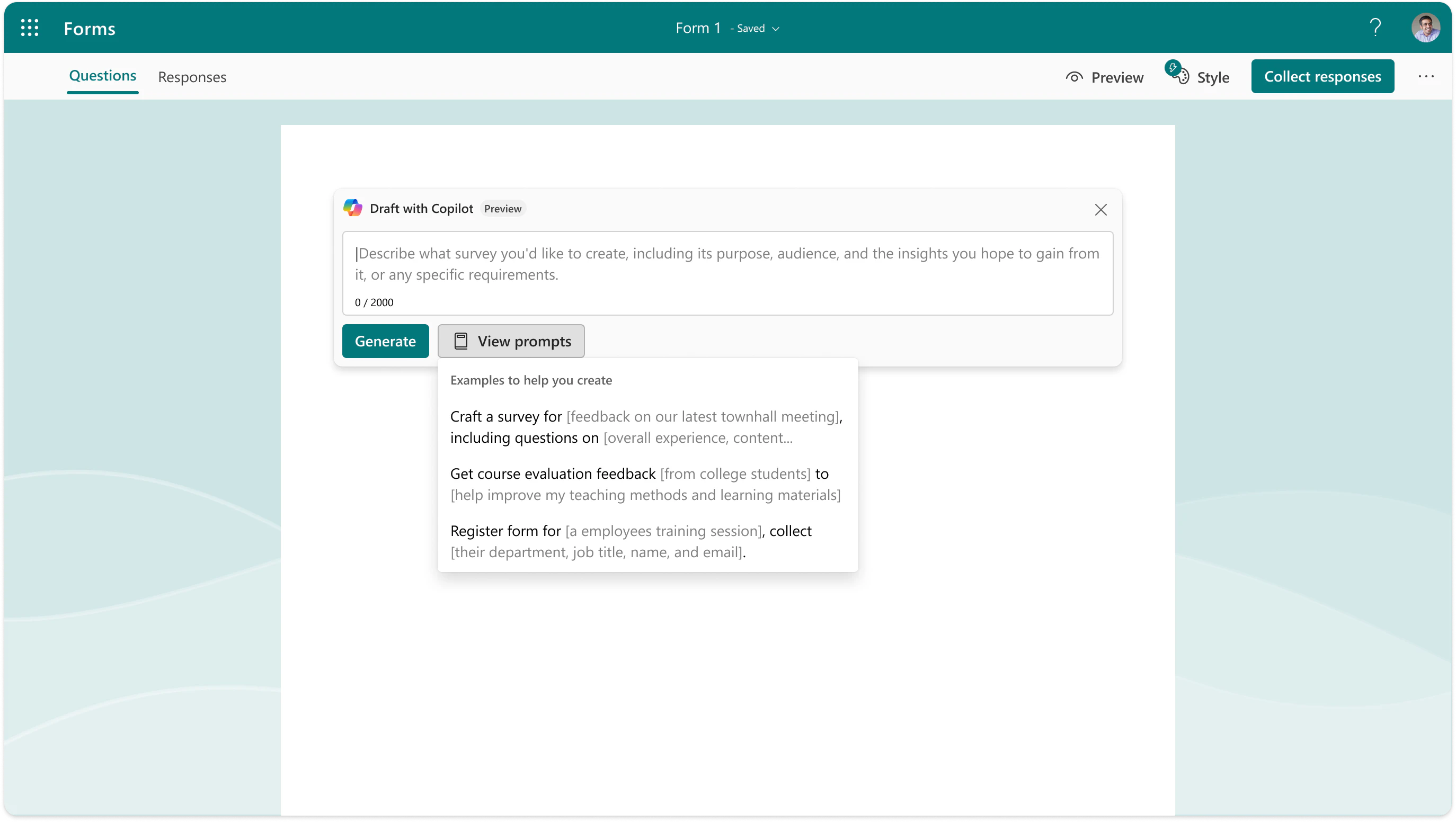 Copilot in Formsが提案する設問内容の候補画面