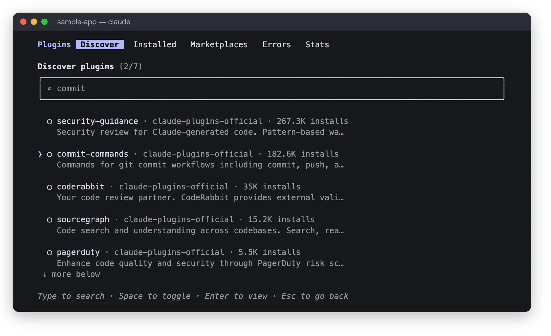 Discover タブの検索欄に commit と入力し、候補が7件に絞られ、commit-commands が選択されている画面