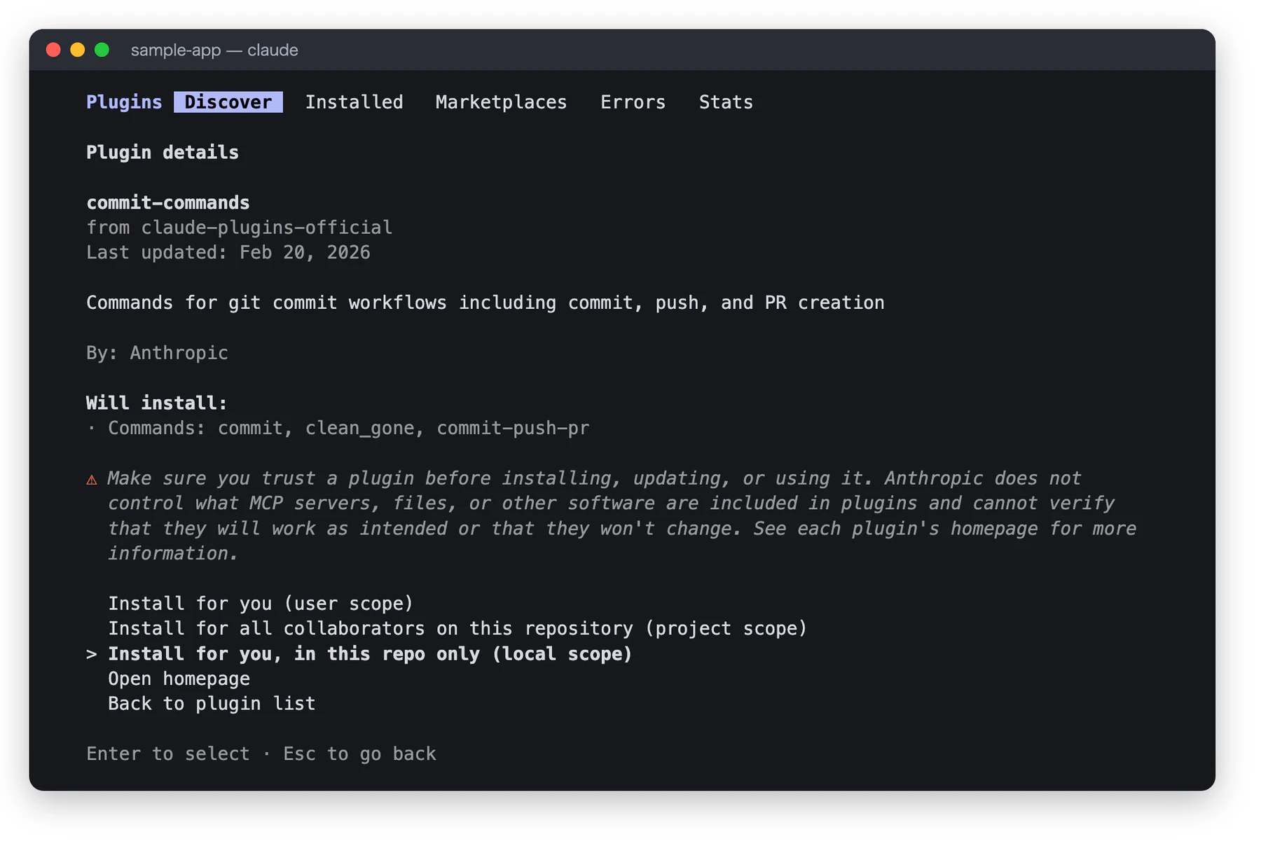 commit-commands の詳細画面。from claude-plugins-official、By Anthropic、Will install として Commands commit, clean_gone, commit-push-pr が表示され、信頼に関する警告文の下で、3つのインストール先のうち Install for you, in this repo only (local scope) が選択されている