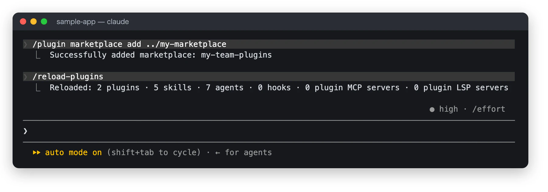 /plugin marketplace add ../my-marketplace を実行すると Successfully added marketplace: my-team-plugins と表示され、続けて /reload-plugins が自動で実行された画面