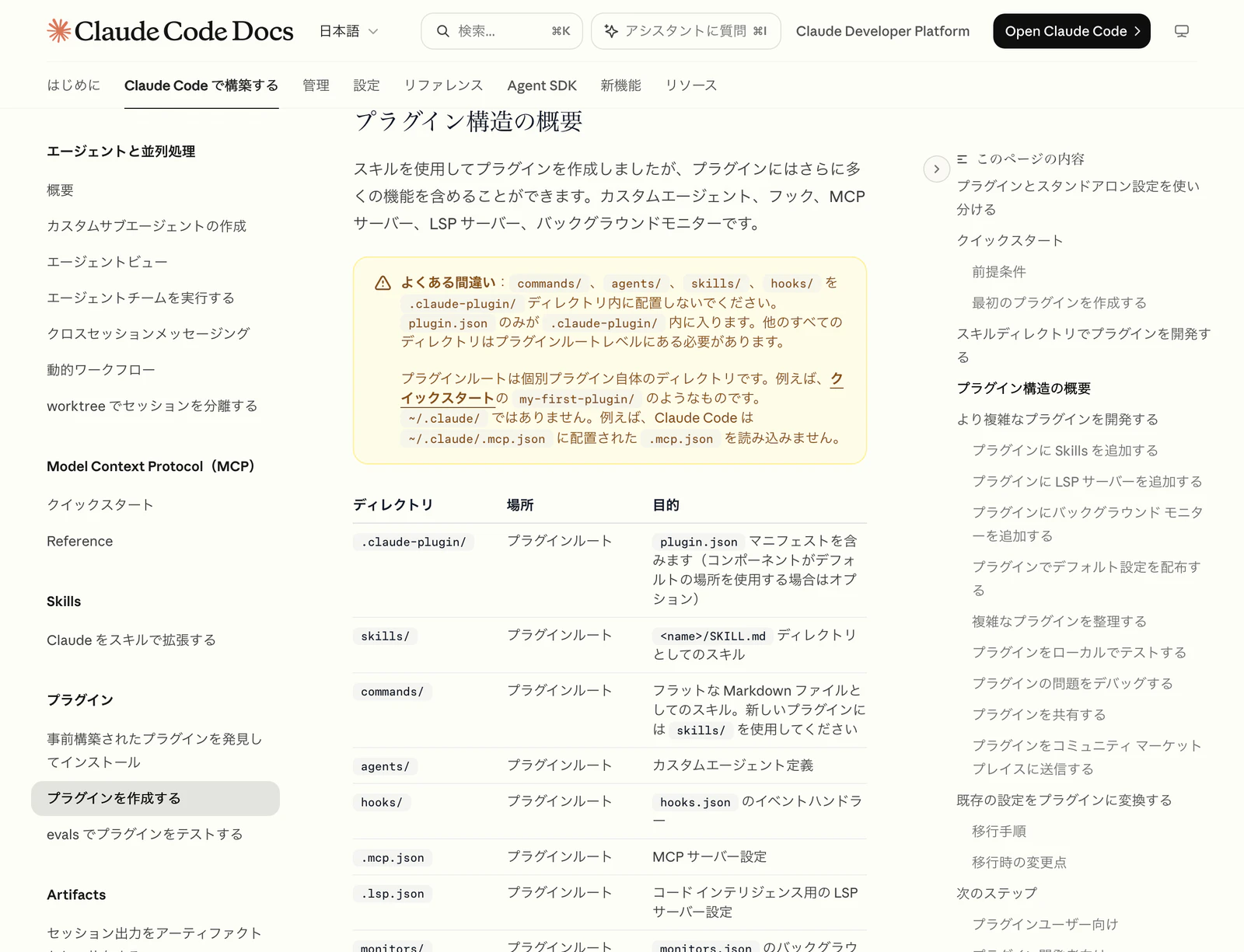公式ドキュメントのプラグイン構造の概要。よくある間違いとして、commands、agents、skills、hooks を .claude-plugin ディレクトリ内に配置しないでくださいという注意書きと、ディレクトリ・場所・目的の表が表示されている