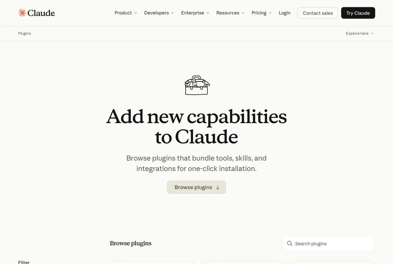 claude.com/plugins のページ。Add new capabilities to Claude という見出しと Browse plugins ボタン、プラグイン検索欄が表示されている