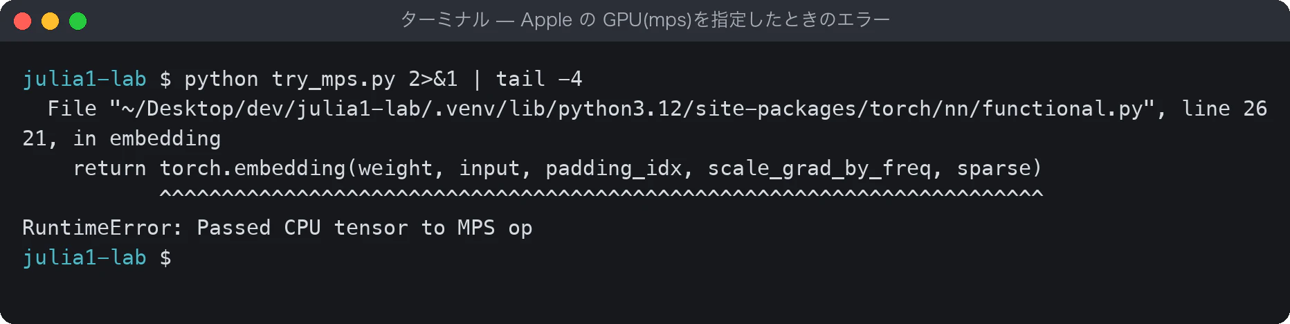 ターミナルで try_mps.py を実行すると、torch.embedding の中で RuntimeError: Passed CPU tensor to MPS op が出ている