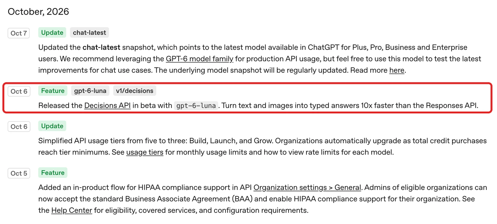 OpenAI Developers の変更履歴ページ。Oct 6 の項目に「Released the Decisions API in beta with gpt-6-luna. Turn text and images into typed answers 10x faster than the Responses API.」とあり、赤枠で強調している