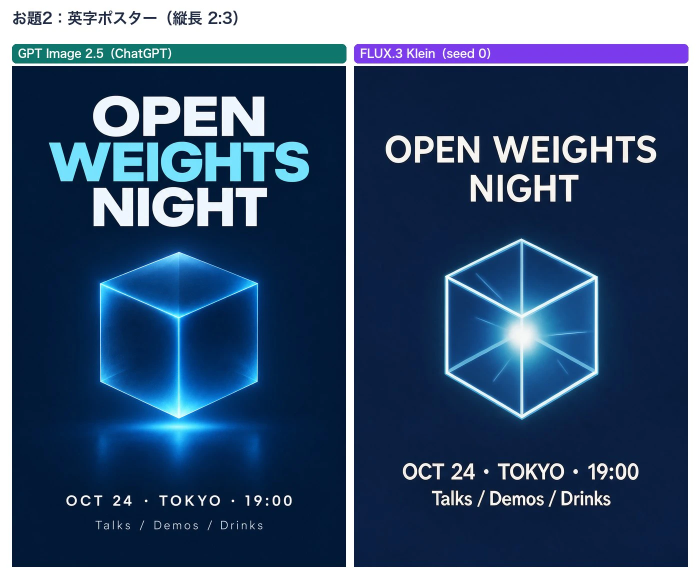 OPEN WEIGHTS NIGHT と書かれた縦長ポスター2枚の比較。どちらも英字は正確