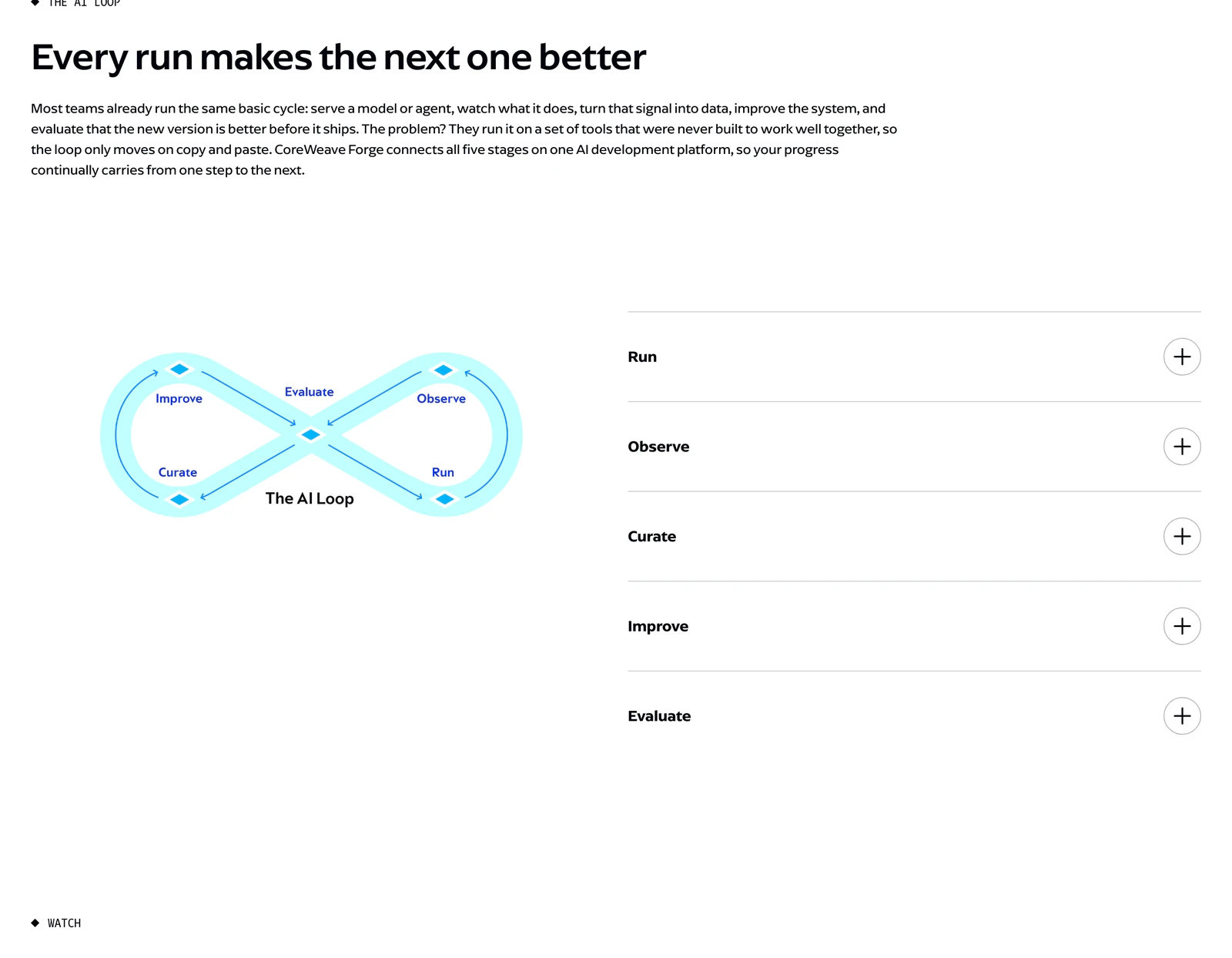 製品ページの「Every run makes the next one better」セクション。無限大記号の形で Run、Observe、Curate、Improve、Evaluate が循環する図