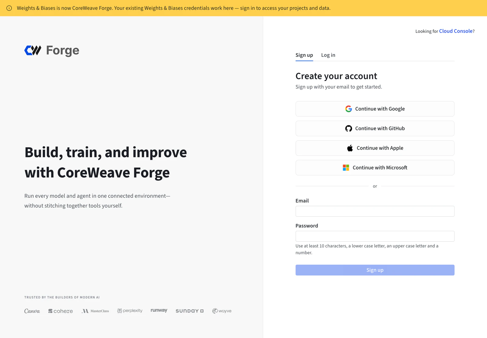 id.coreweave.com のサインアップ画面。上部に Weights & Biases is now CoreWeave Forge の案内、右側に Continue with Google・GitHub・Apple・Microsoft のボタンとメール・パスワード欄
