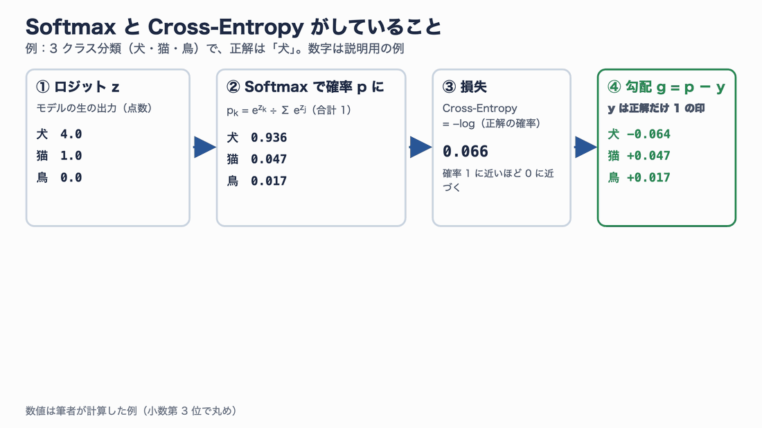 Softmaxとcross-entropyの流れ。①ロジット(犬4.0・猫1.0・鳥0.0)を②Softmaxで確率(0.936・0.047・0.017)にし、③損失は正解の確率の−log(0.066)、④勾配はp−yで(−0.064・+0.047・+0.017)合計がちょうど0になる