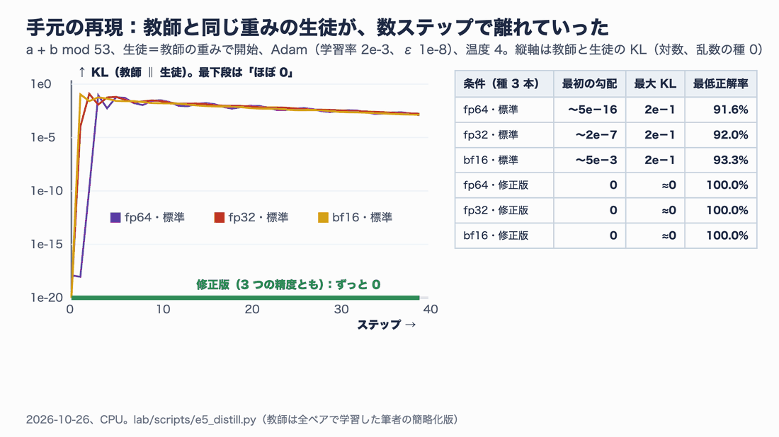 教師と同じ重みから始めた生徒の蒸留。縦軸は教師と生徒のKL(対数)。標準の実装はbf16が1ステップ目、fp32が2ステップ目、fp64でも3ステップ目にKLが1e-1前後まで跳ね上がり、その後もゆっくりとしか戻らない。修正版は3つの精度とも勾配がちょうど0で、KLはずっとほぼ0。右の表は3本の種の最初の勾配・最大KL・最低正解率