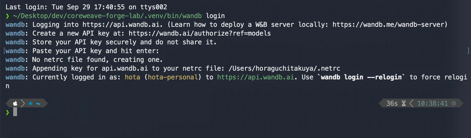 ターミナルで wandb login を実行した画面。Logging into https://api.wandb.ai、Create a new API key at の案内の後、No netrc file found, creating one、Currently logged in as hota と表示