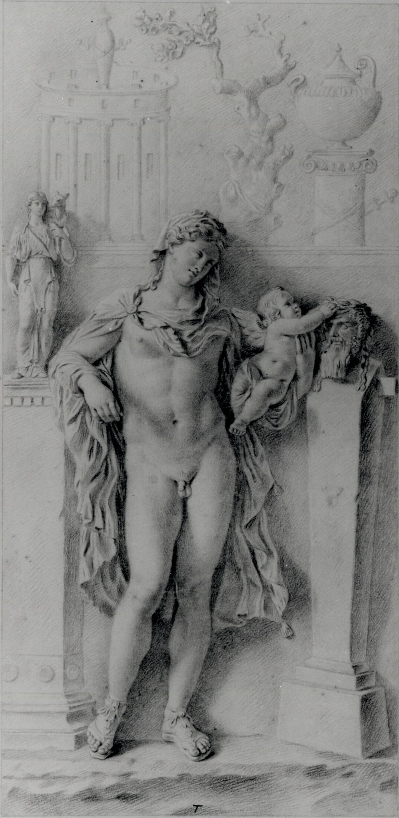 Drawing of a relief depicting Hermaphroditus and Eros crowning a herm by Antonio Maria Zanetti (circa 1721)