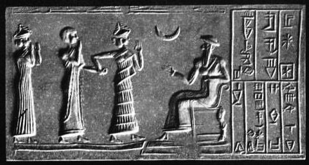 original 1915 caption: "Worship of the Moon God. Cylinder-seal of Khashkhamer, patesi of Ishkun-Sin (in North Babylonia), and vassal of Ur-Engur, king of Ur (c. 2400 BC) (British Museum). Photo: Mansell"