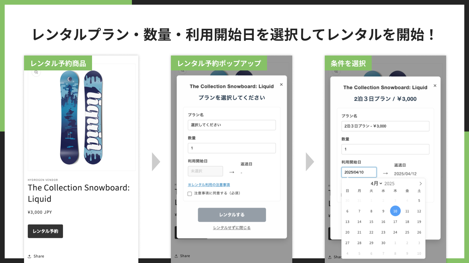 レンタルプラン・数量・利用開始日を選択してレンタルを開始!