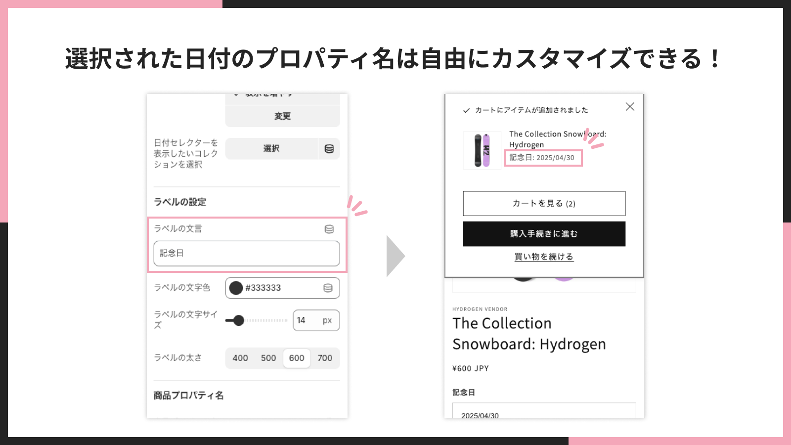 選択された日付のプロパティ名は自由にカスタマイズできる!