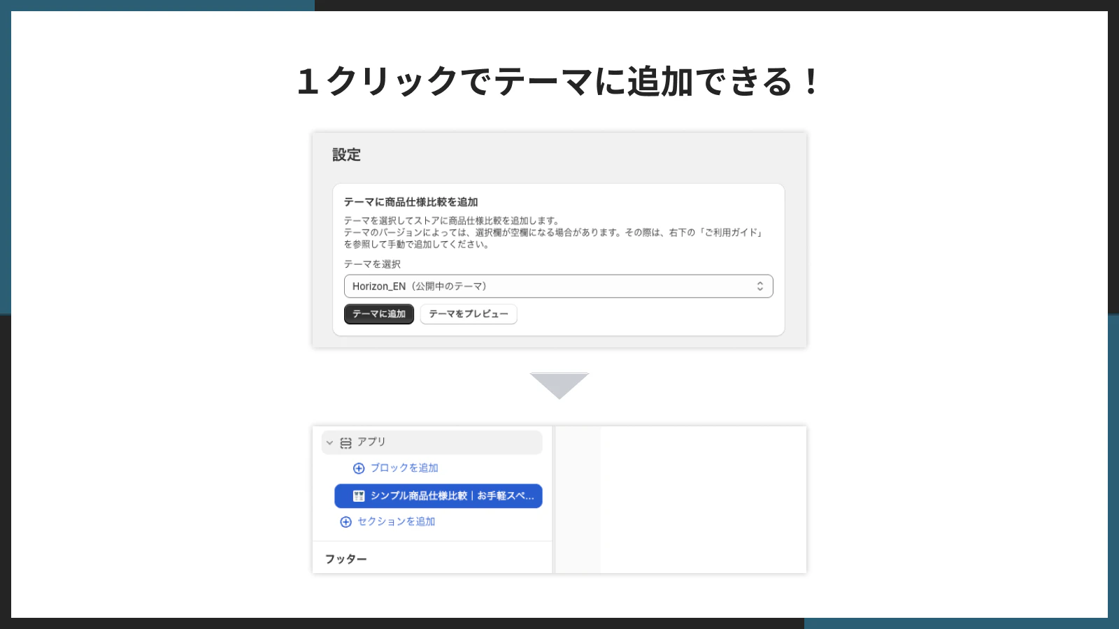 アプリの管理画面から「テーマに追加」ボタンで1クリック追加する画面